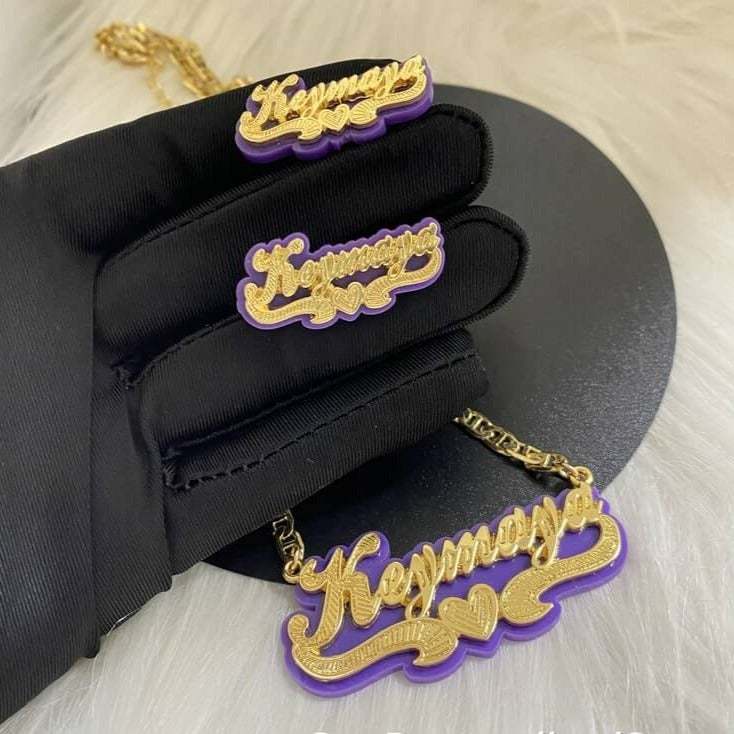Purple Acrylic with Heart Double Layer Personalized Custom Gold Plated Name Necklace And Name Stud Earring Set-silviax