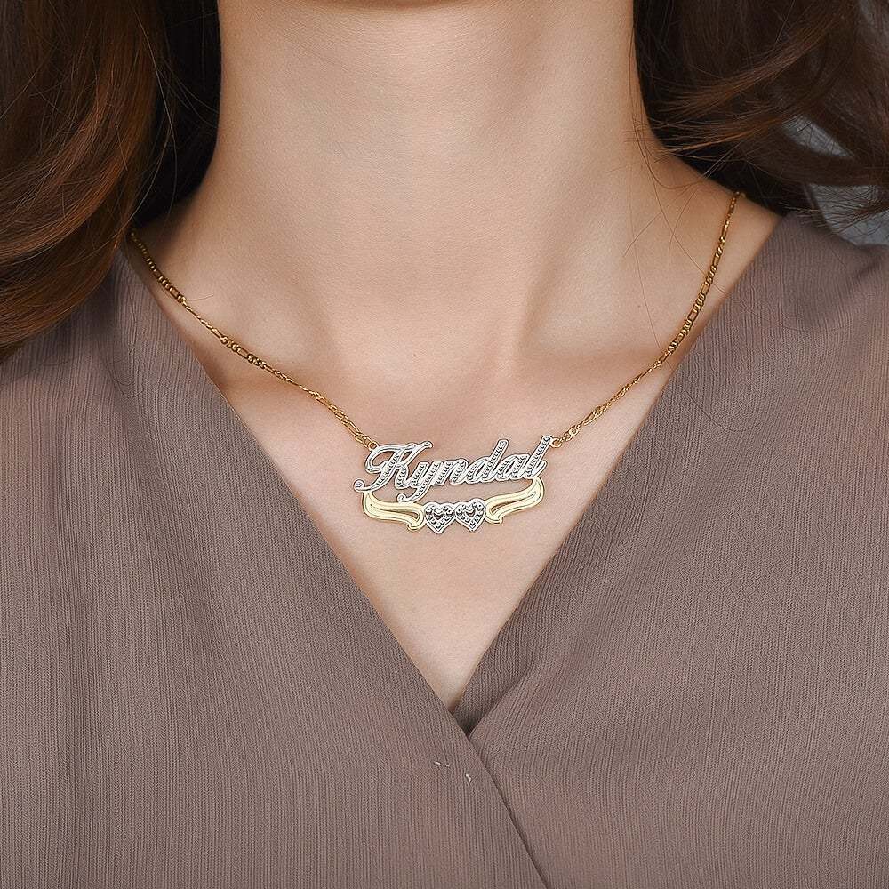 Gold Plated Personalized Two Tone Name Necklace with Double Heart-silviax