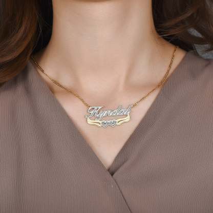 Gold Plated Personalized Two Tone Name Necklace with Double Heart-silviax
