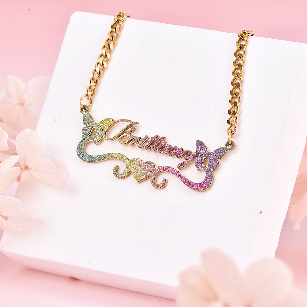 Bling Bling Colorful Two Butterfly with Heart Personalized Name Necklace-silviax