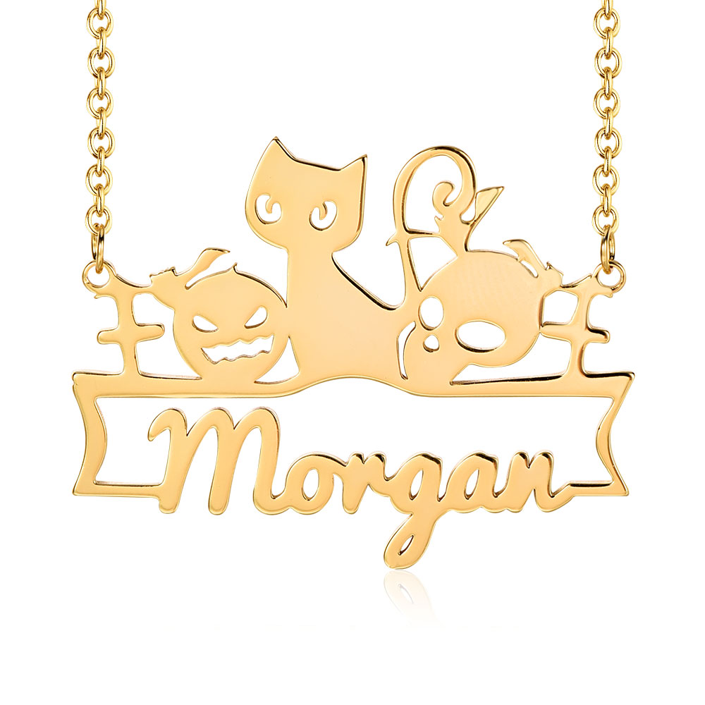 Halloween Gold Plated Personalized Custom Cat Pumpkins Name Necklace Gifts For Kids