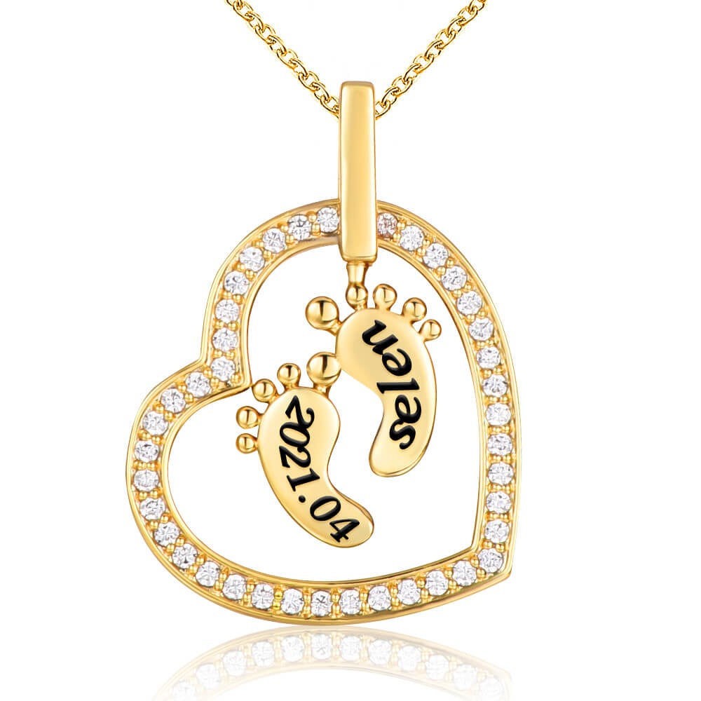 Baby Name Birthday Feet Inlaid Zircon Heart Pendant Personalized Engraved Necklace-silviax