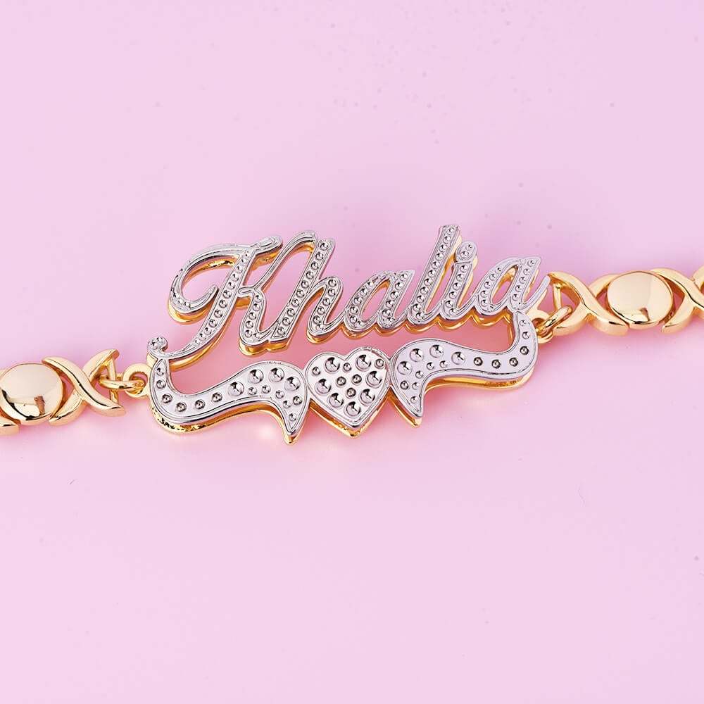 Double Layer Two Tone Heart Nameplate with XOXO Chain Personalized Custom Gold Plated Name Bracelet-silviax