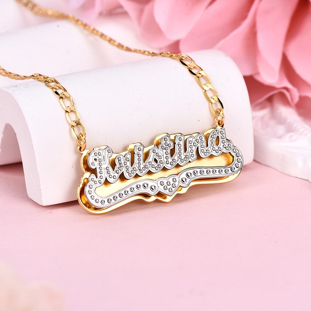 Two - Tones Double Name plate with 14kt gold plated sale (FREE CHAIN)