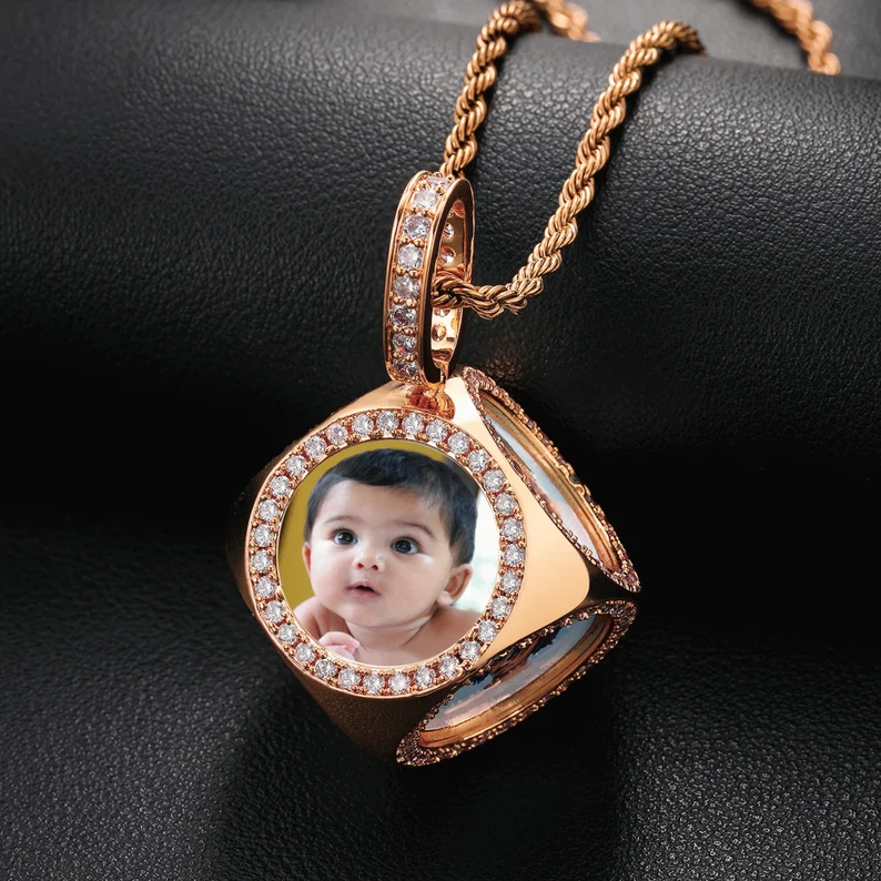 Hip Hop Iced Out Custom Made Cube Photo Memory Pendant Necklace-silviax