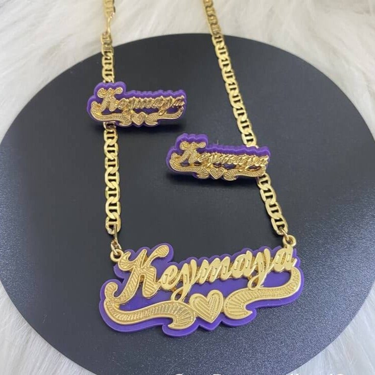 Purple Acrylic with Heart Double Layer Personalized Custom Gold Plated Name Necklace And Name Stud Earring Set-silviax