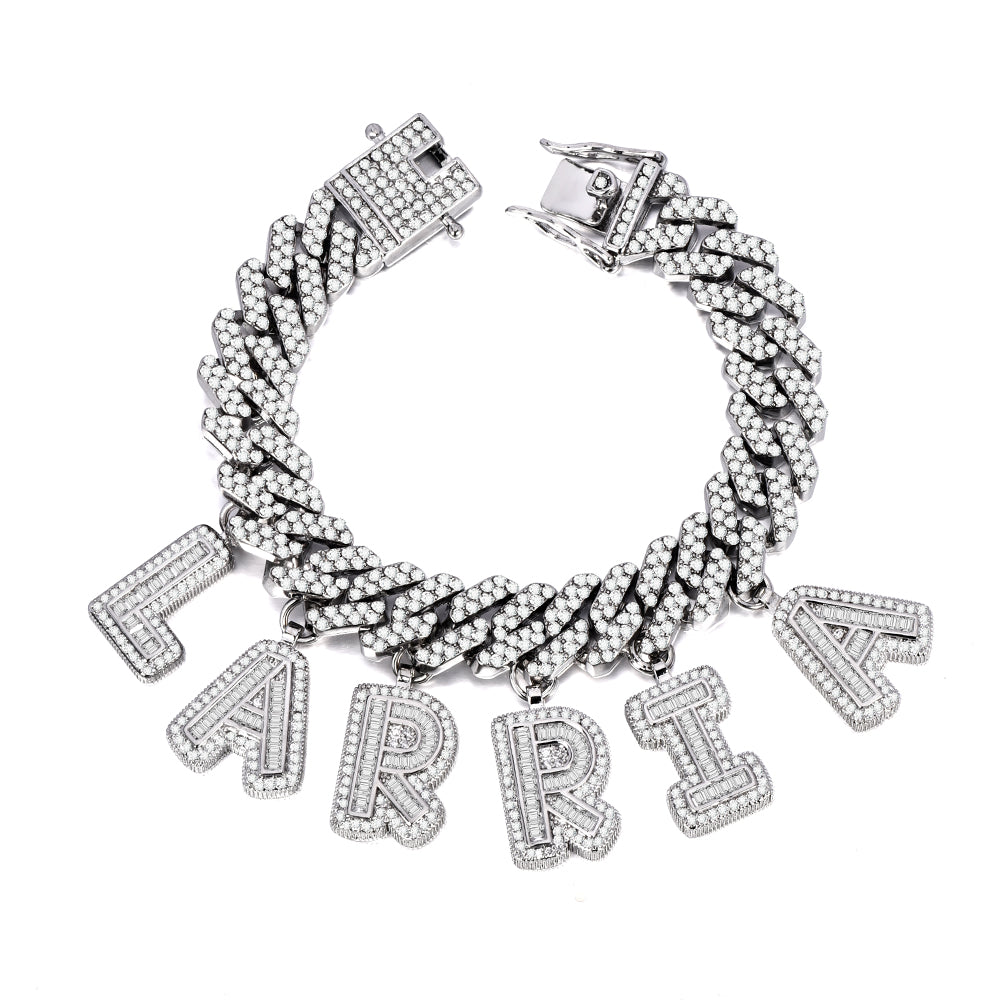 Iced Out Cubic Zirconia Capital Letter Cuban Chain Bracelets-silviax