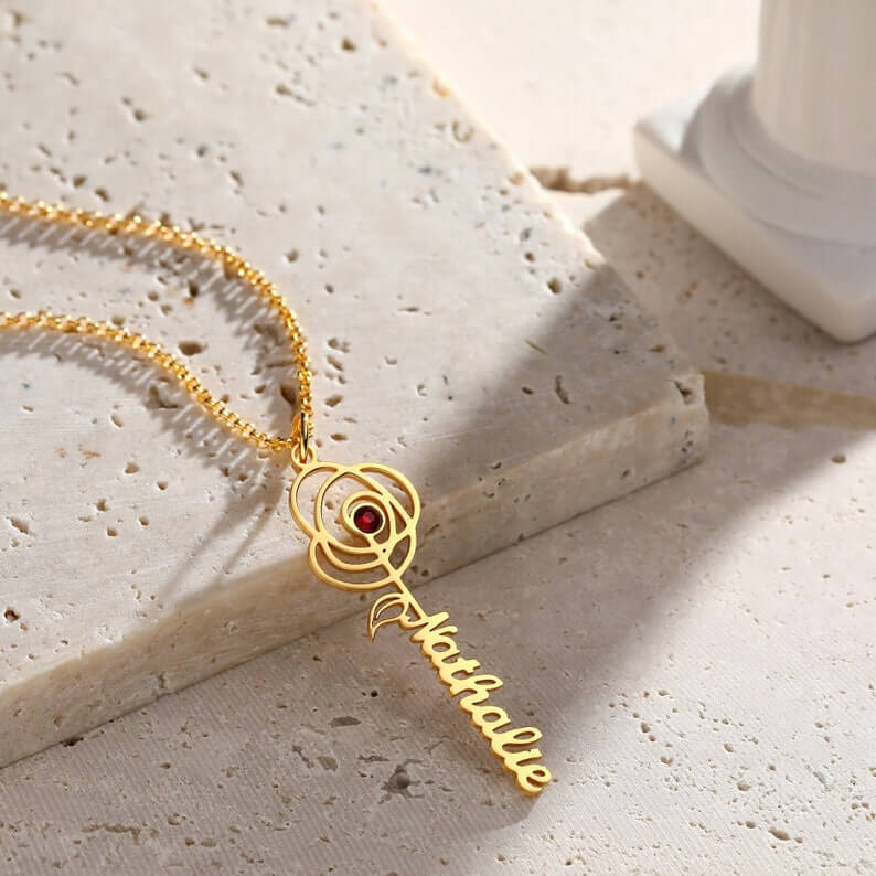 Flower Vertical Pendant With Birthstone Personalized Custom Name Necklace Mother Gift-silviax