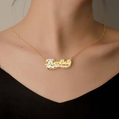 Gold Plated Two Heart Two Tone Double Layer Personalized Name Necklace-silviax