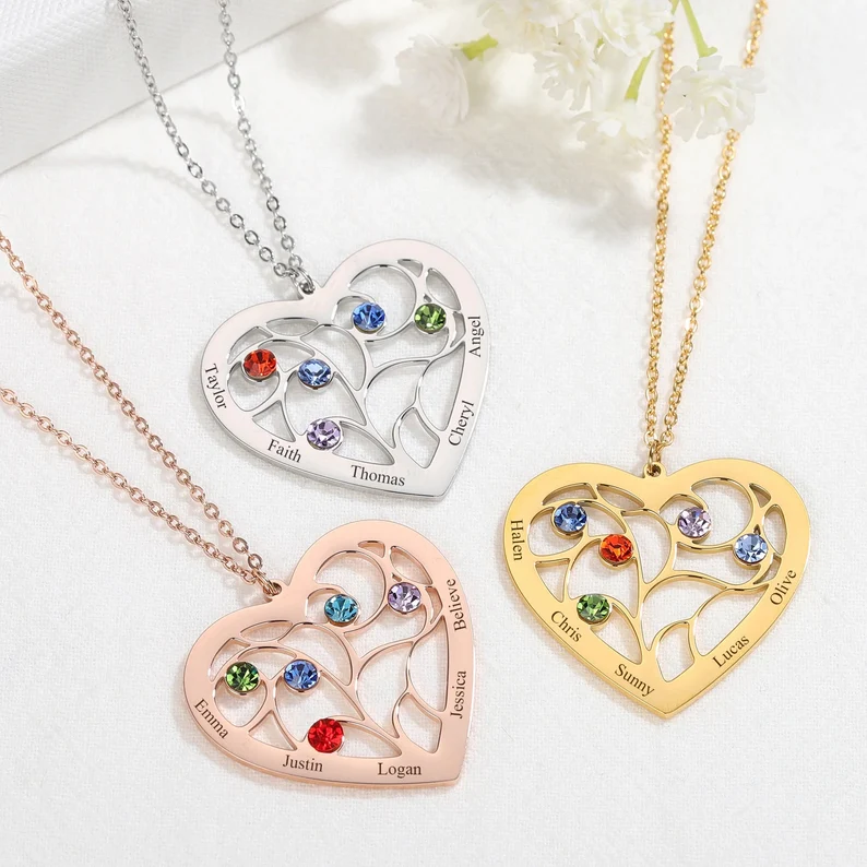  Heart Shaped 5 Names with Birthstone Personalized Custom Name Necklace Family Necklace Gold Plated 