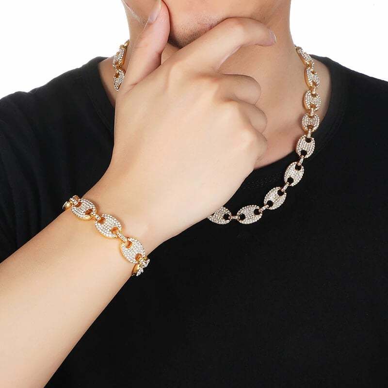 13mm Pig Nose Link Chain Gold Plated Necklace and Bracelet Set-silviax