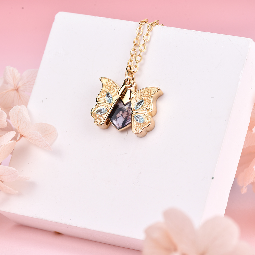 Personalized Custom Gold Plated Butterfly Locket Necklace with Photo-silviax