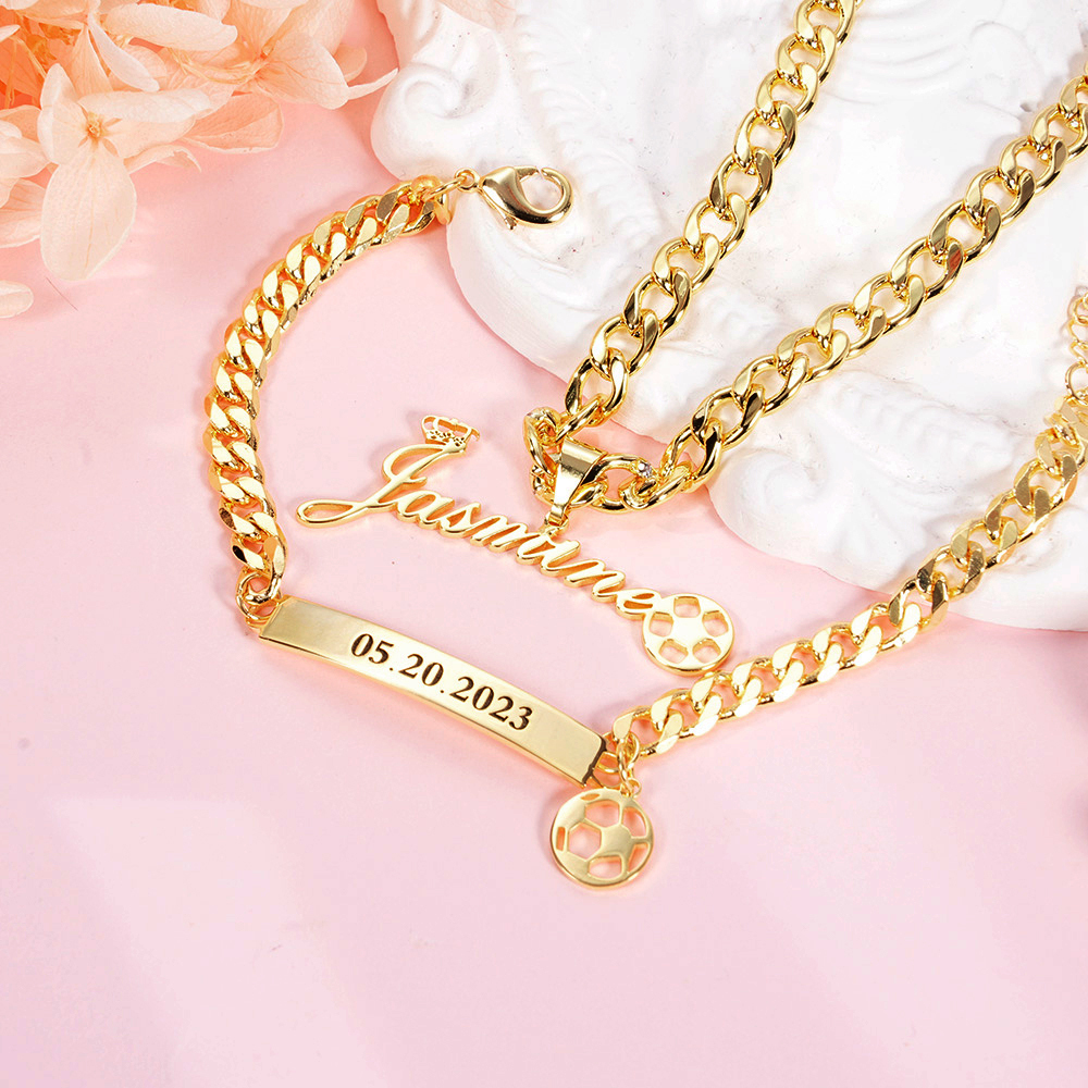 Personalized Kids Football Soccer Crown Name Necklace Engraved Bracelet Set-silviax
