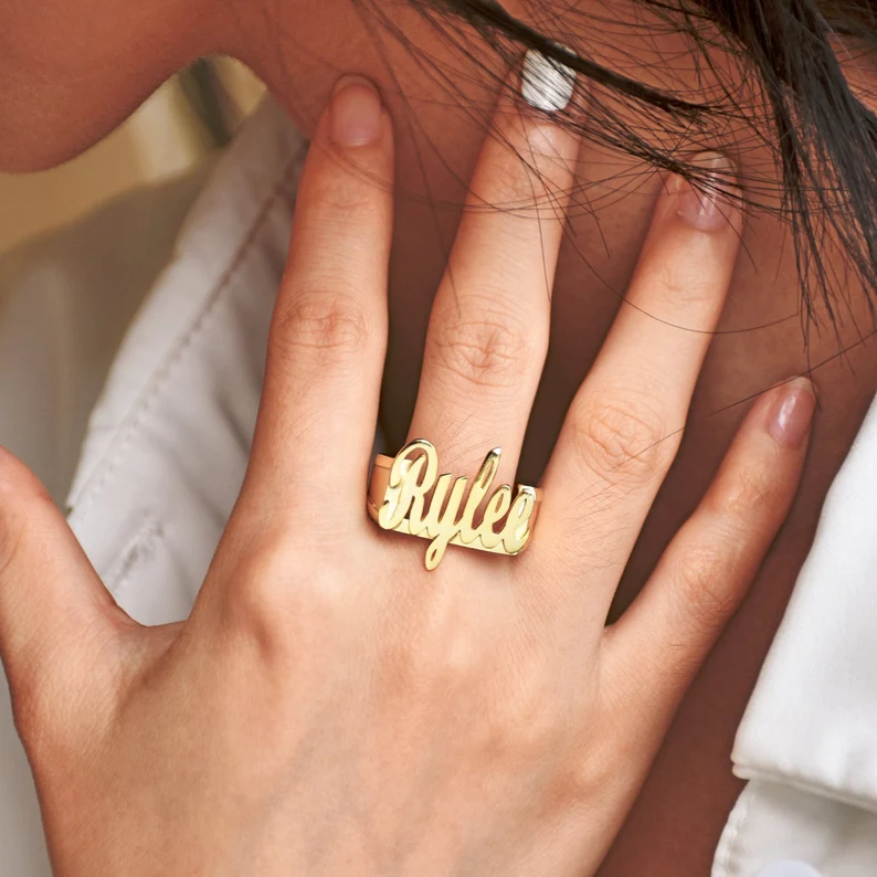 Custom Gold Plated Large Script Name Ring Mens Ring-silviax