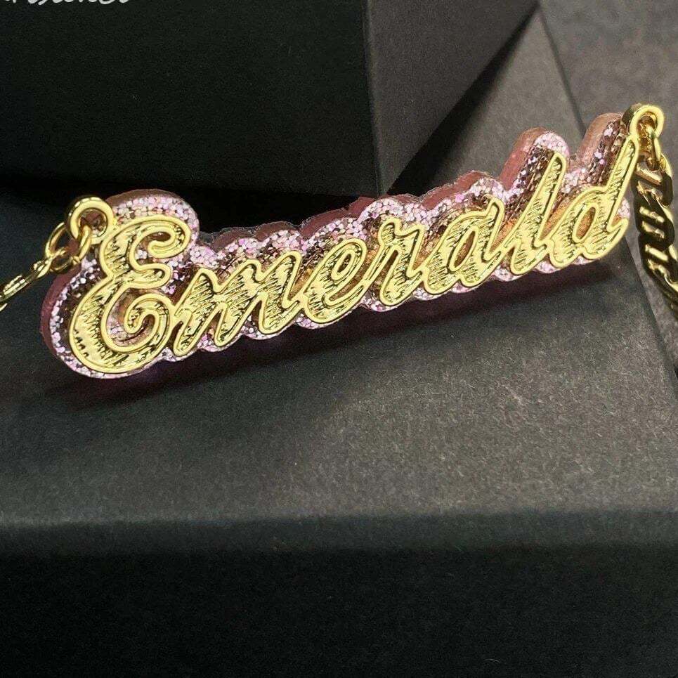 Double Layer Nameplate With Pink Acrylic Base Personalized Custom Gold Plated Name Necklace