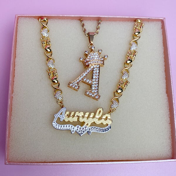 Personalized Double Layer Two Tone with Teddy Bear Heart XOXO Chain Name Necklace and Crown Initial Necklace Set-silviax