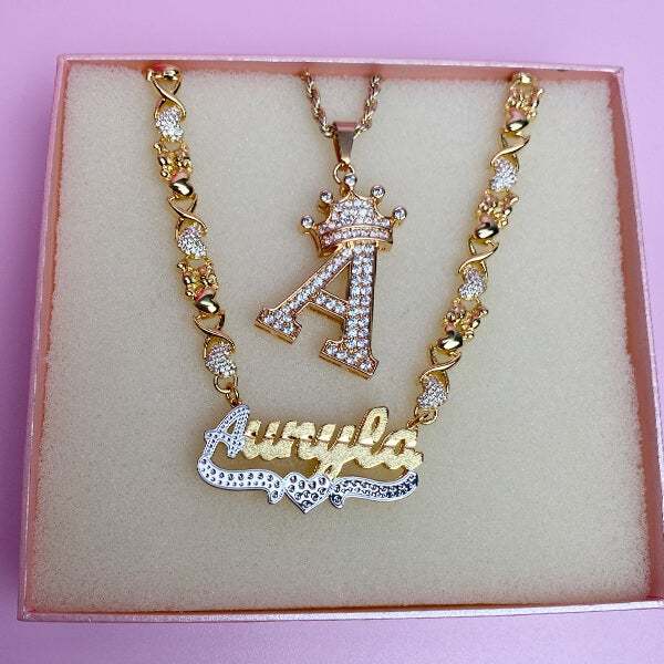 Personalized Double Layer Two Tone with Teddy Bear Heart XOXO Chain Name Necklace and Crown Initial Necklace Set-silviax