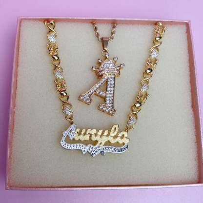Personalized Double Layer Two Tone with Teddy Bear Heart XOXO Chain Name Necklace and Crown Initial Necklace Set-silviax