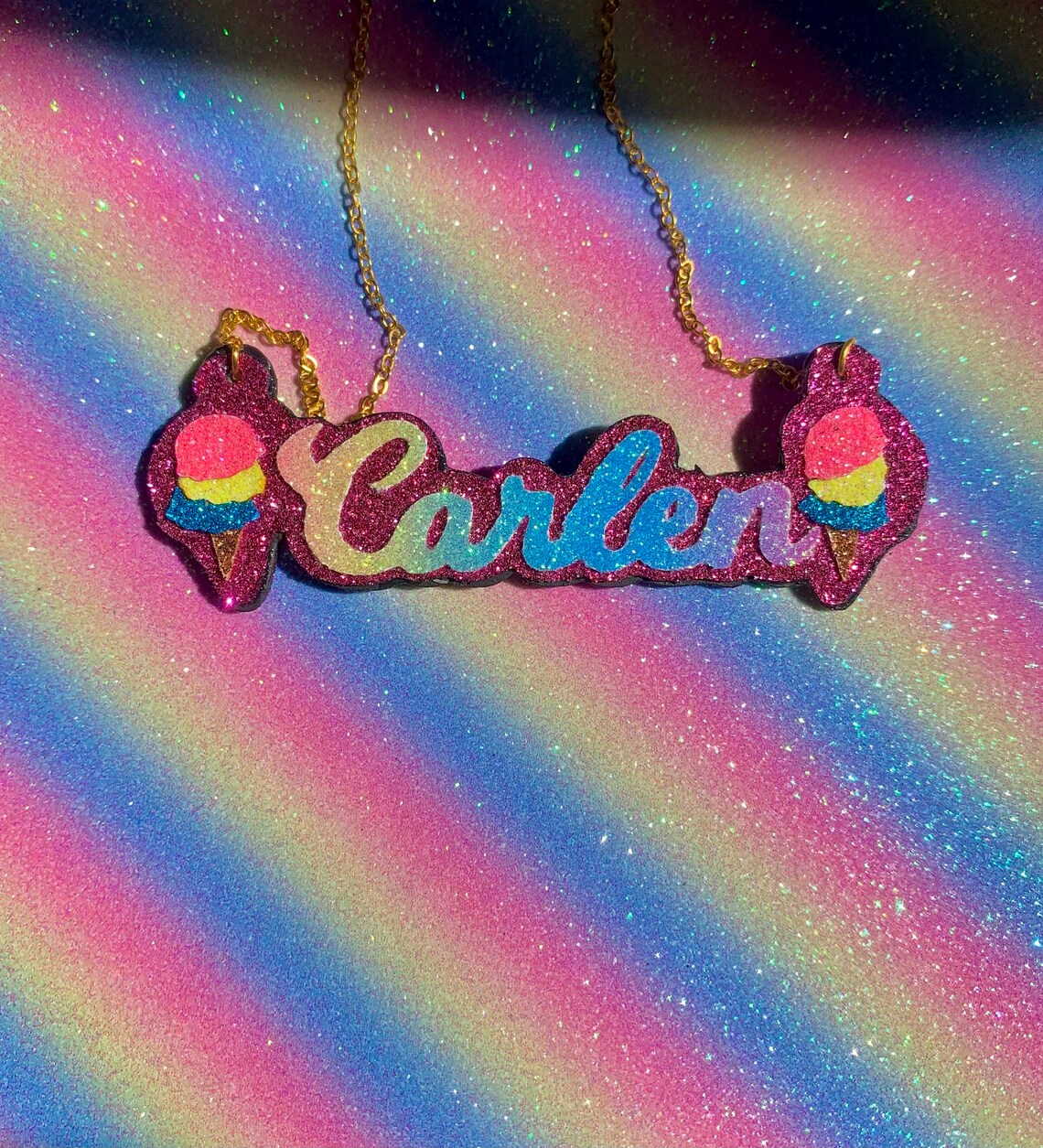 Pink Color Glitter Ice Cream Personalized Custom Kids Name Necklace-silviax