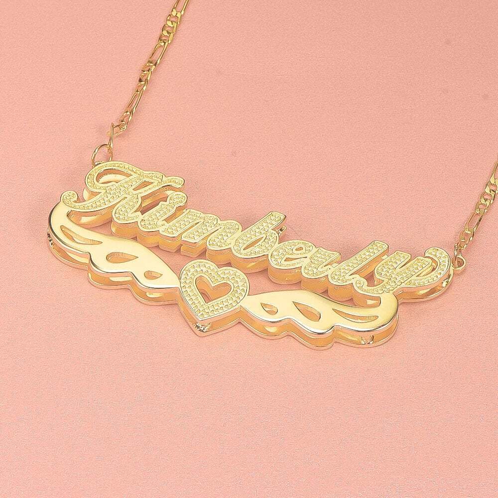 Wings Heart Double Layer Personalized 3D Name Necklace Gold Plated-silviax