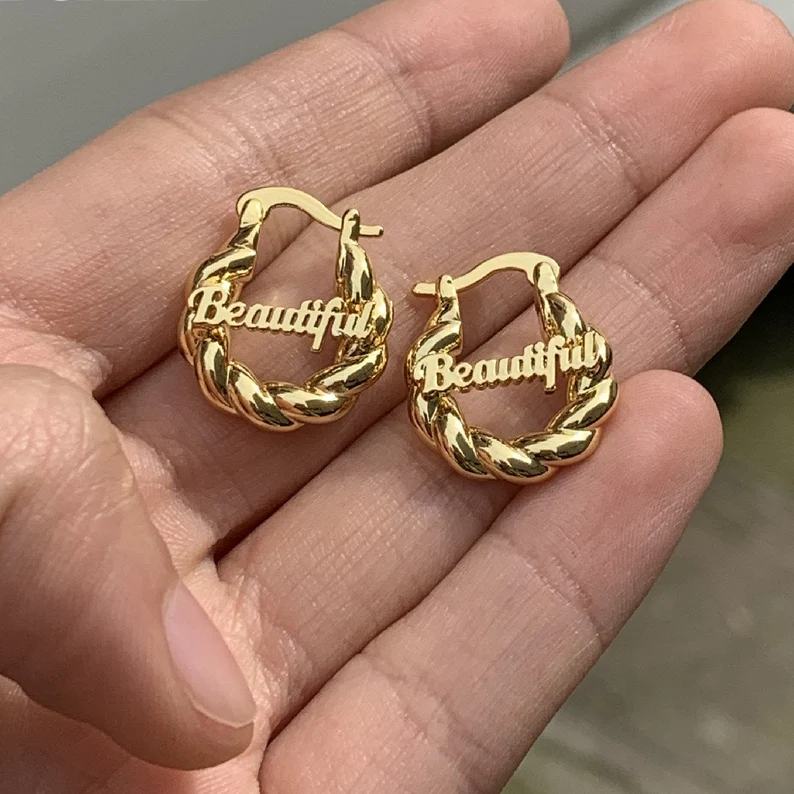 Personalized Custom Gold Plated Nameplate Hoop Earrings 30mm Kids Earrings