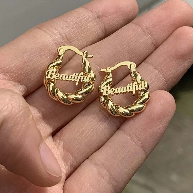 Personalized Custom Gold Plated Nameplate Hoop Earrings Kids Earrings-silviax