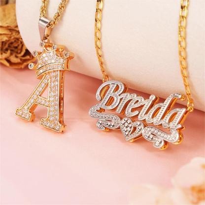 Crown Initial Necklace And Double Layer Two Tone With Heart Personalized Jewelry Set-silviax