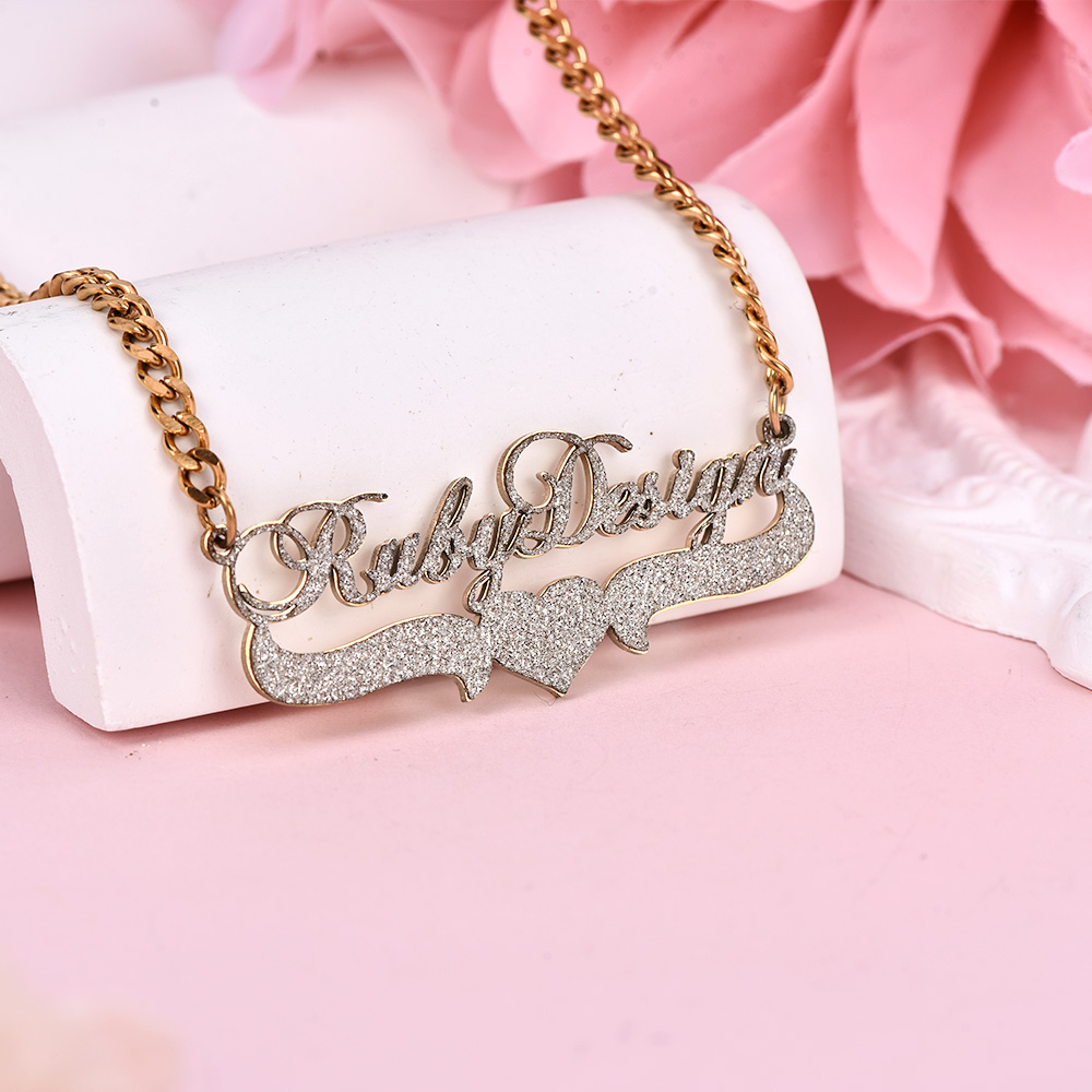 Two Tone with Heart Gold Plated Personalized Custom Bling Name Necklace-silviax