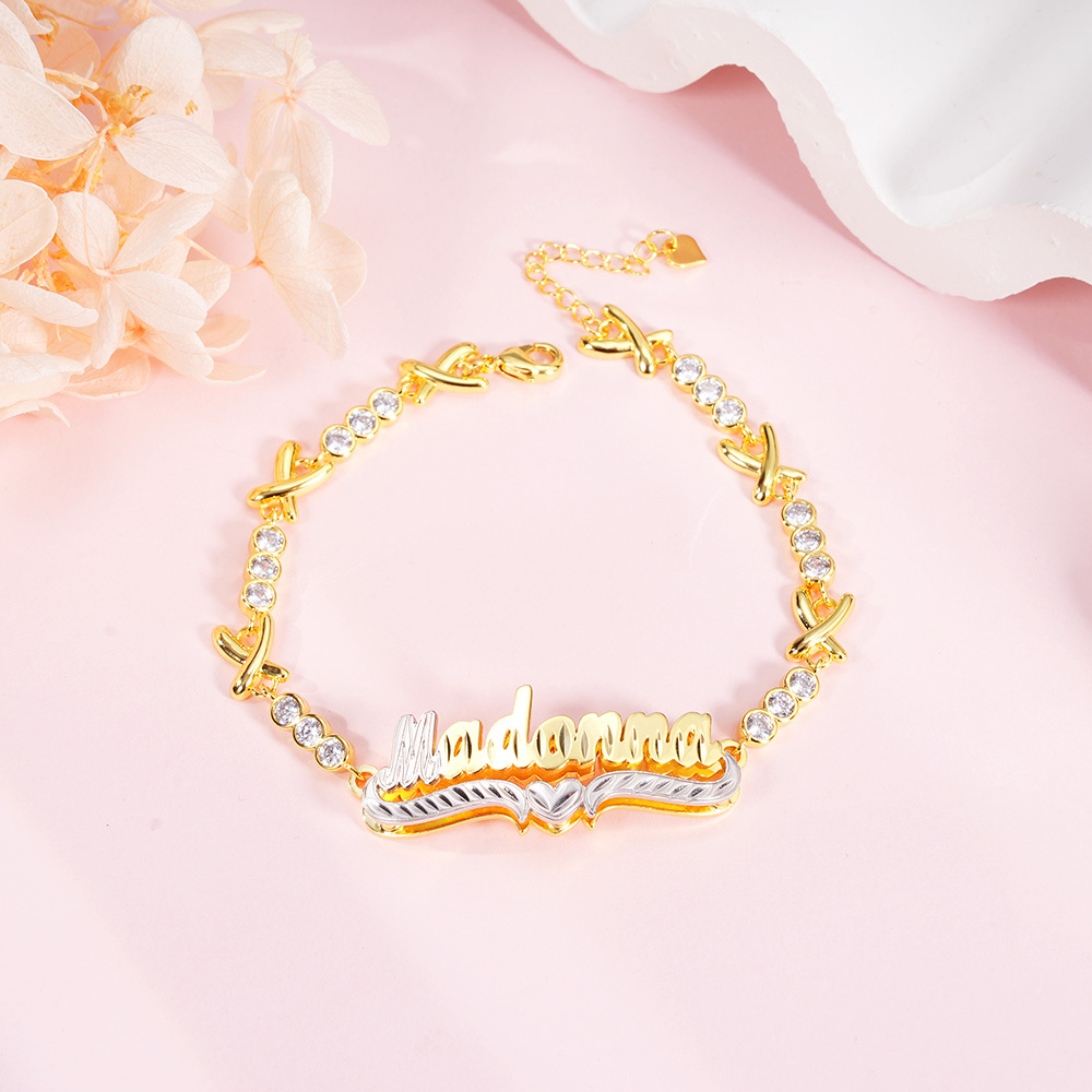 XOXO Chain Two Tone Personalized Custom Set Name Necklace And Bracelet-silviax
