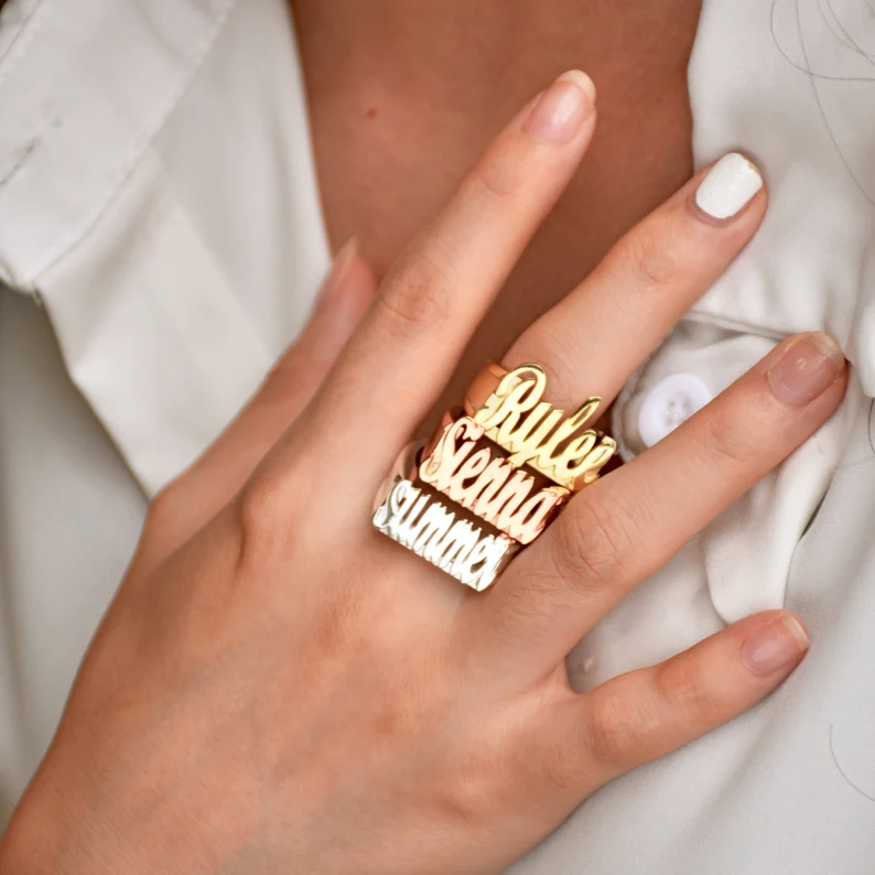 Custom Gold Plated Large Script Name Ring Mens Ring-silviax