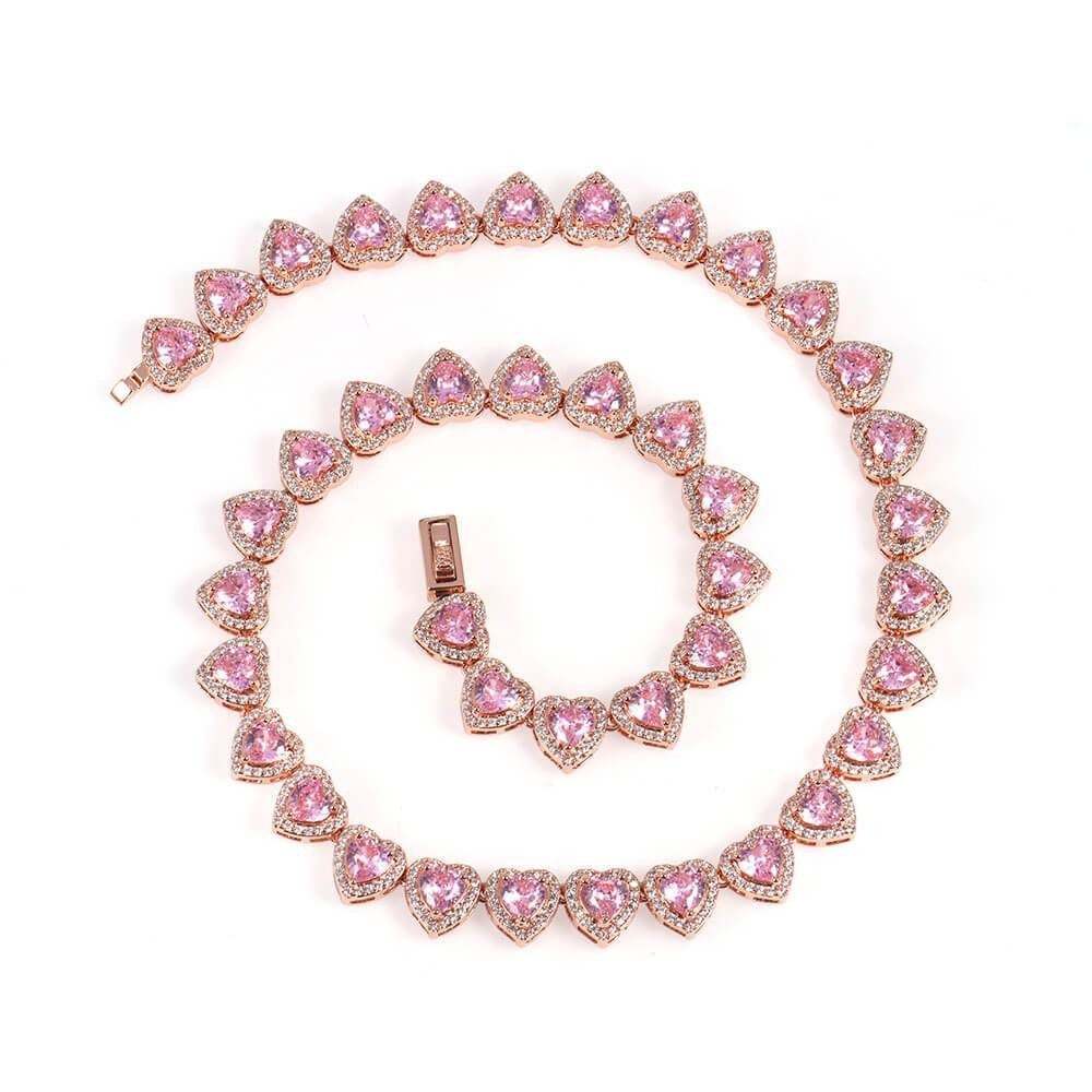 10mm Pink Heart Shaped Zircon Chain Gold Plated Necklace Hip Hop Style Jewelry-silviax