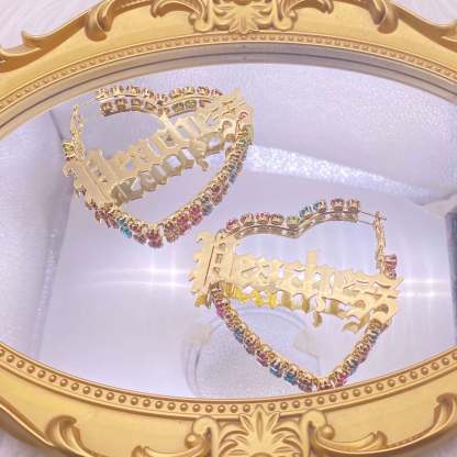 Colorful Zircon Heart Hoop Earrings Personalized Custom Gold Plated Name Earrings-silviax