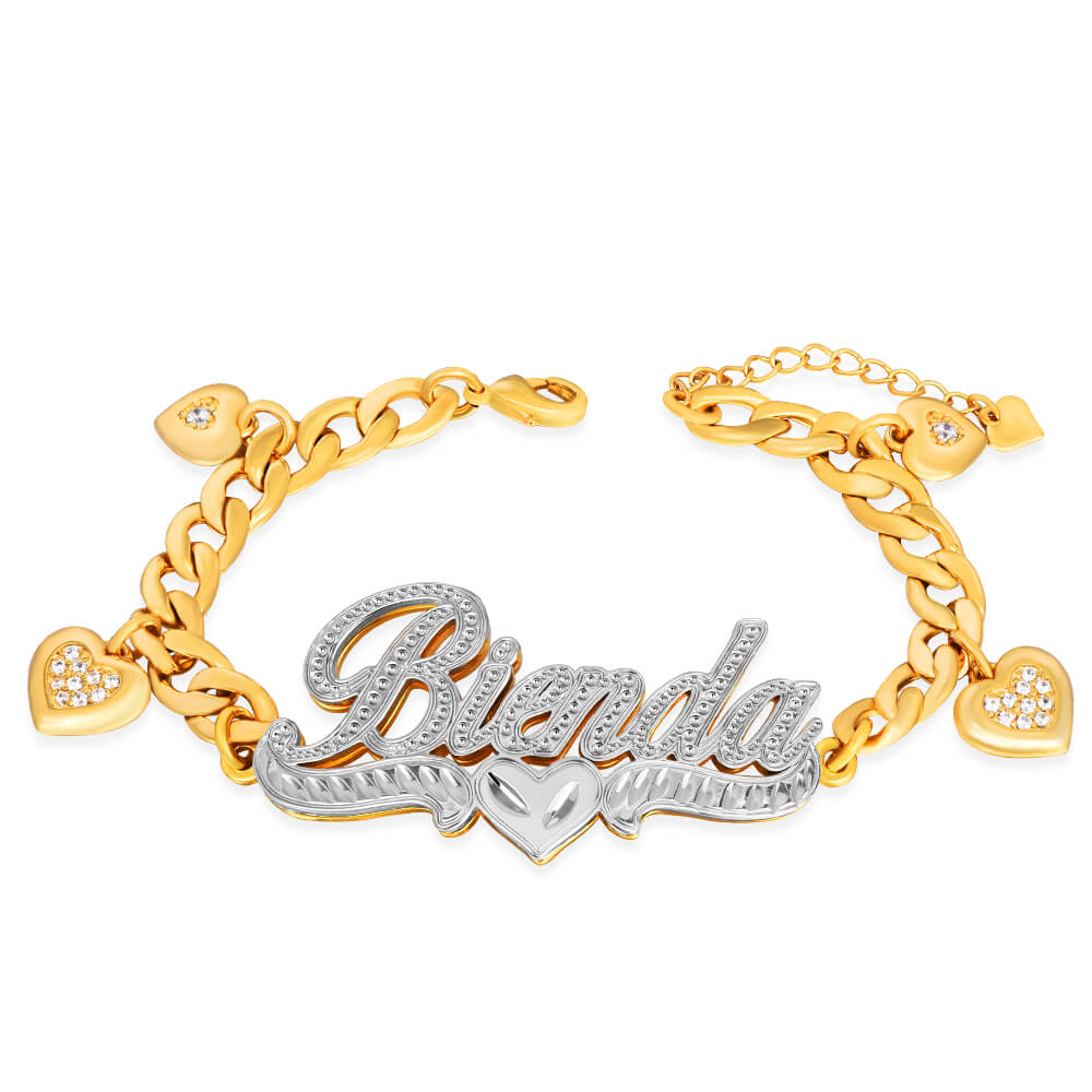 Double Layer Two Tone Heart Nameplate Cuban Chain With Heart Personalized Custom Name Bracelet-silviax