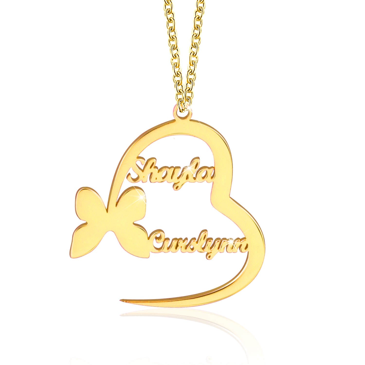Gold Plated  Personalized Customized Heart and Butterfly Couple Name Necklace-silviax