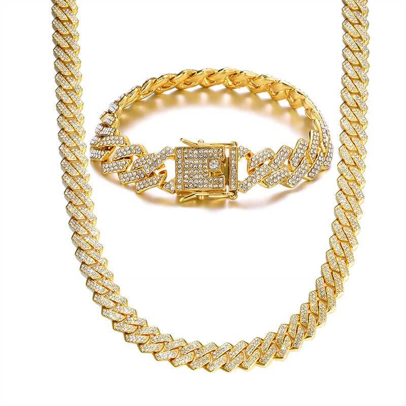 13.5mm Cuban Chain Bling Zircon Gold Plated Necklace and Bracelet Set-silviax