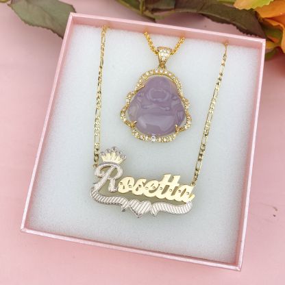 Personalized Jewelry Set Smile Maitreya Buddha Pendant and Crown Heart Name Necklace-silviax