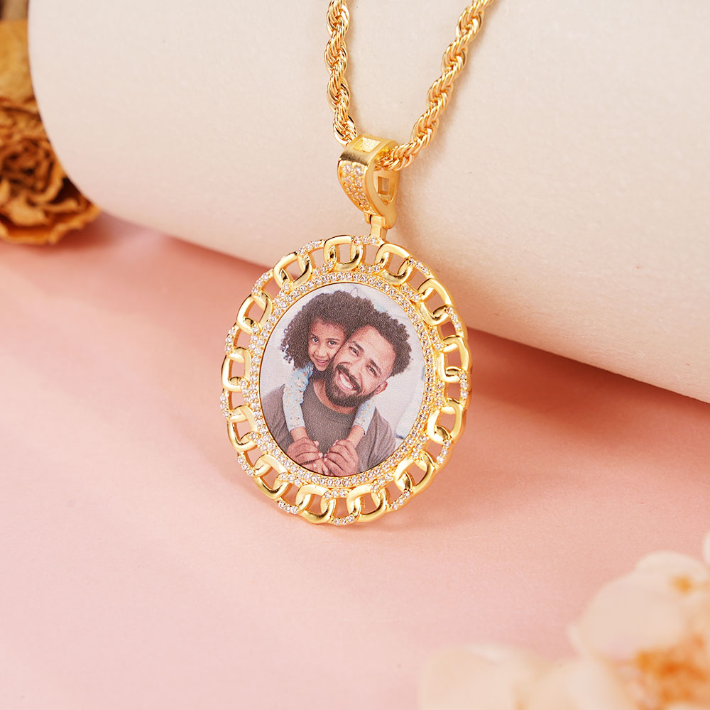 Iced Out Cubic Zircon Personalized Custom Photo Round Necklace-silviax
