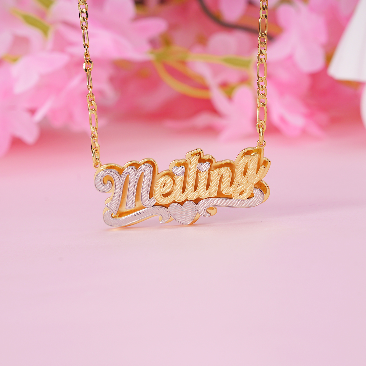 Two Tone Double Layer Gold Plated Personalized Custom Heart Nameplate Necklace