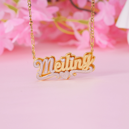 Two Tone Double Layer Gold Plated Personalized Custom Heart Nameplate Necklace