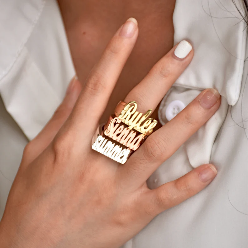 Custom Gold Plated Large Script Name Ring Mens Ring-silviax