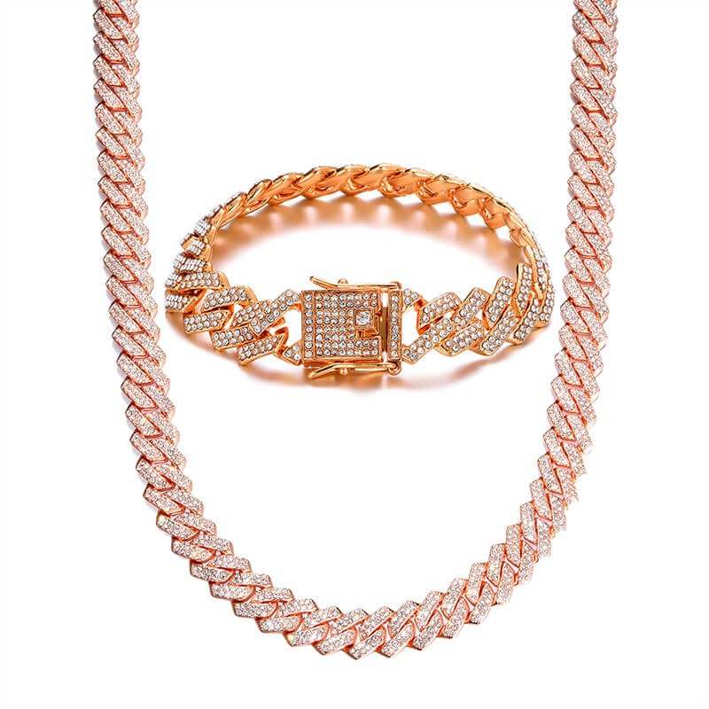 13.5mm Cuban Chain Bling Zircon Gold Plated Necklace and Bracelet Set-silviax