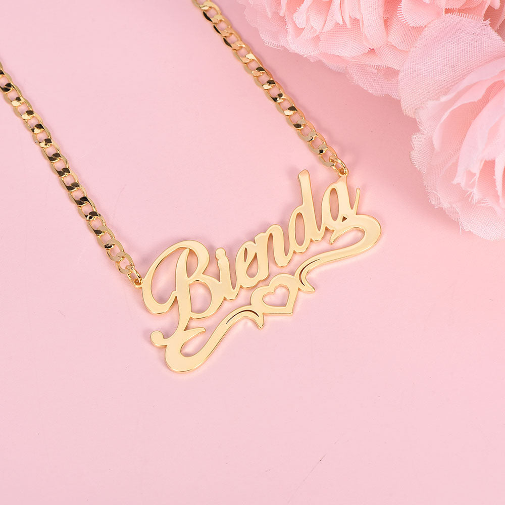 Personalized Double Plated Hollow Heart Name Necklace Bamboo Earrings Set-silviax