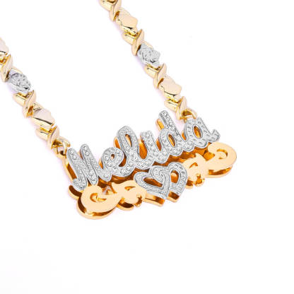 Double Layer Two Tone Hollow Heart with XOXO Heart Chain Personalized Custom Name Necklace-silviax