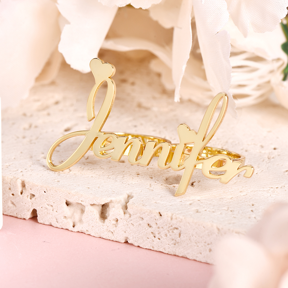 Two Finger Ring Personalized Custom Gold Plated Adjustable Love Heart Name Ring-silviax