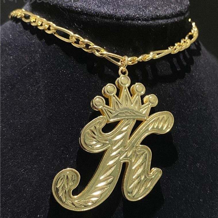 Double Layer Large Letter Crown Pendant Gold Plated Personalized Custom Initial Necklace-silviax