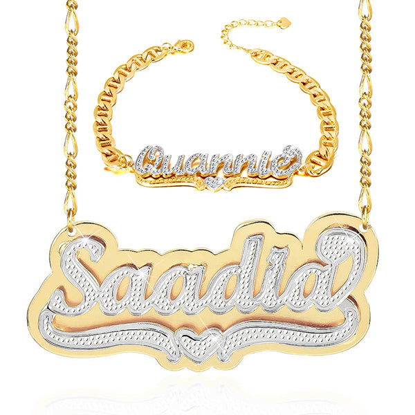 Two-tone Personalized Custom Name Bracelet and Double Plate Necklace Set-silviax