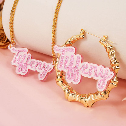 Pink Color Acrylic Name Jewelry Set Personalized Custom Name Necklace Bamboo Name Earrings Set Kids Gift-silviax