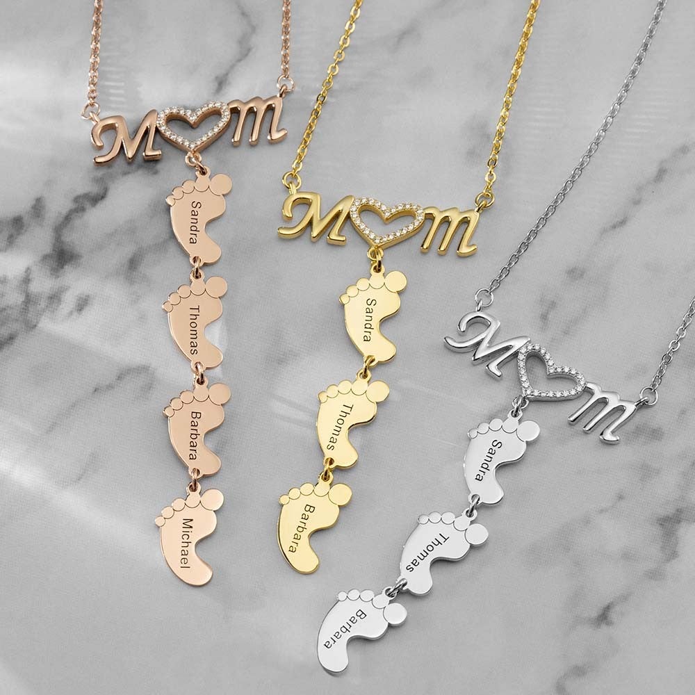 Mom and Baby Feet Personalized Custom 1 to 5 Name Necklace Gold Plated Jewelry Mother's Day Gift for Mom Women-silviax