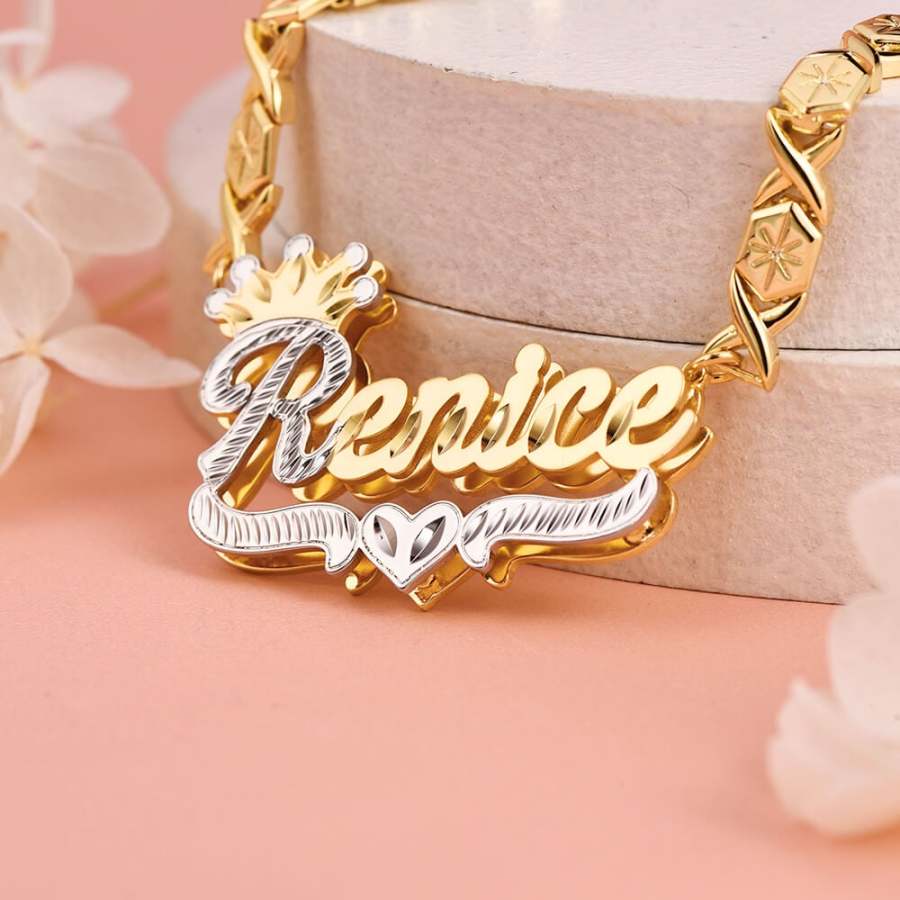 Double Layer Two Tone Crown Xoxo Chain Personalized Custom Gold Plated Name Necklace 