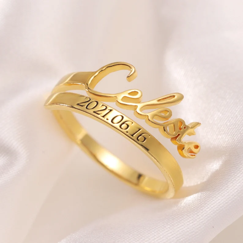 Gold Plated Personalized Custom Minimalist Engraved Date and Name Rings Anniversary Gift